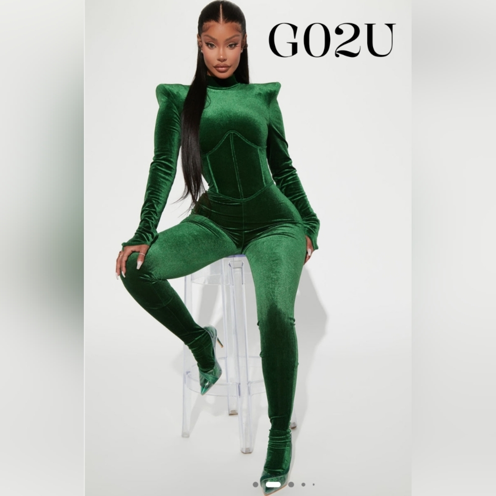 Fashion Nova Velvet Corset Jumpsuit - Emerald Green